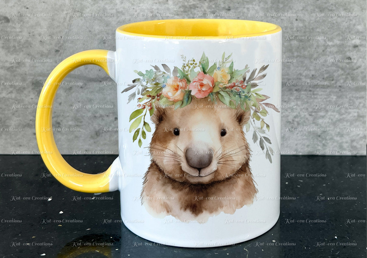 personalised wombat mug. Gorgeous Floral wombat Cup. Ideal for birthday, secret santa, stocking filler or Christmas present