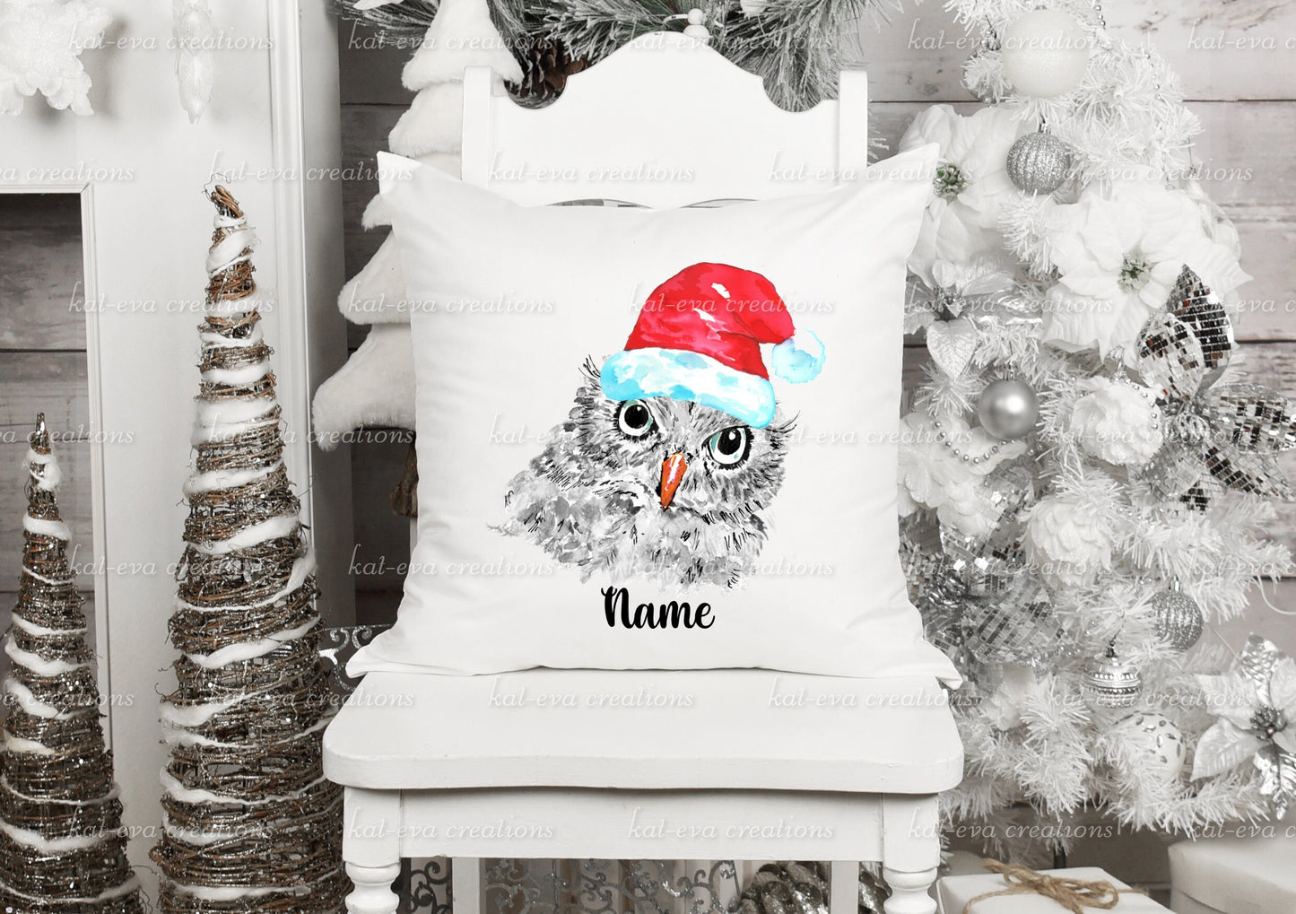 watercolour Owl cushion, can be personalised, Different backgrounds and christmas accessories available. ideal christmas decor or xmas gift
