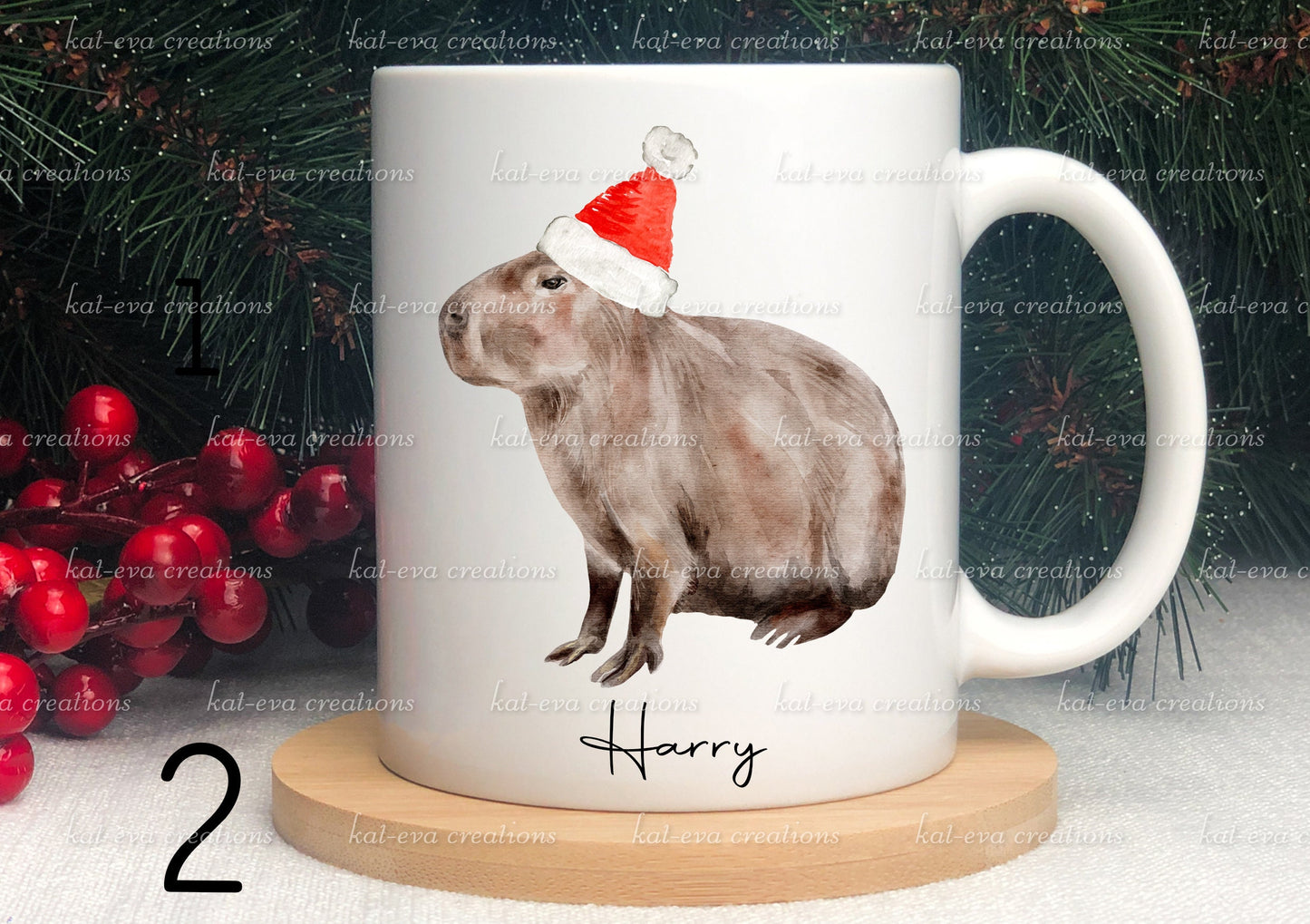 personalised Christmas capybara mug. Elf, Santa Claus, Father Christmas capybara