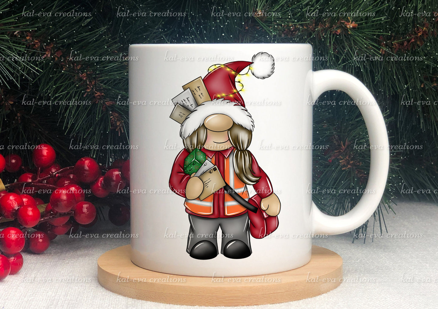Christmas post lady mug. can be personalised. christmas gnome / gonk postman post lady