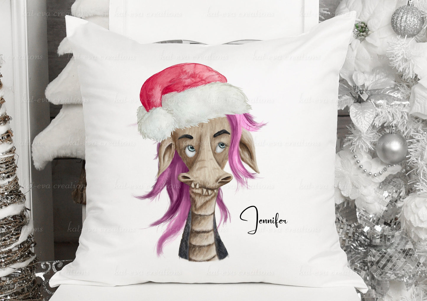 personalised dragon christmas cushion, available with different hair colours. ideal birthday or christmas gift