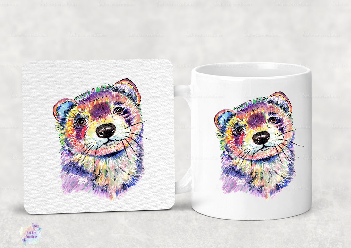 Watercolour ferret mug, available with or without coaster. can be personalised.