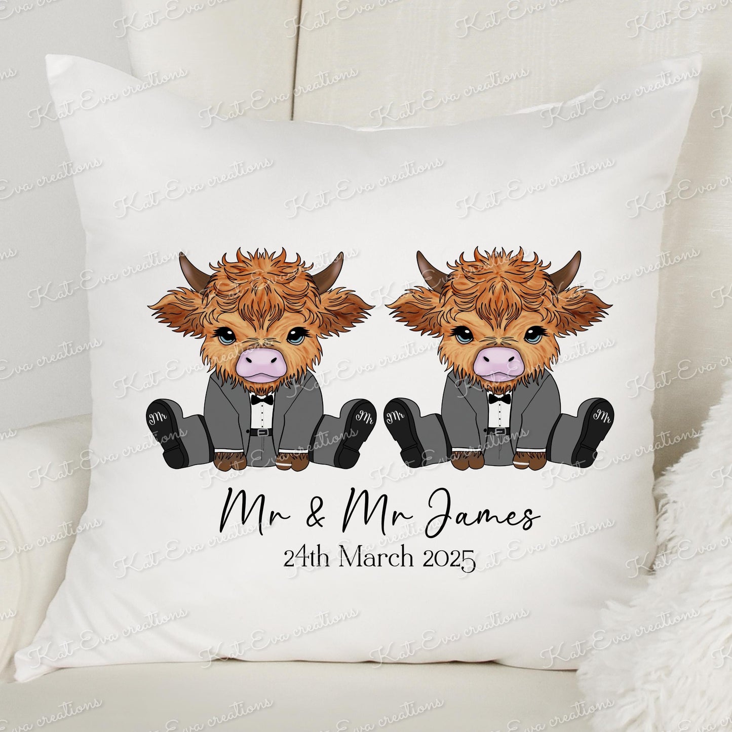 Highland cow Wedding cushion. Personalised cushion. Engagement, wedding or anniversary cushion Highland cow congratulations. highland coo