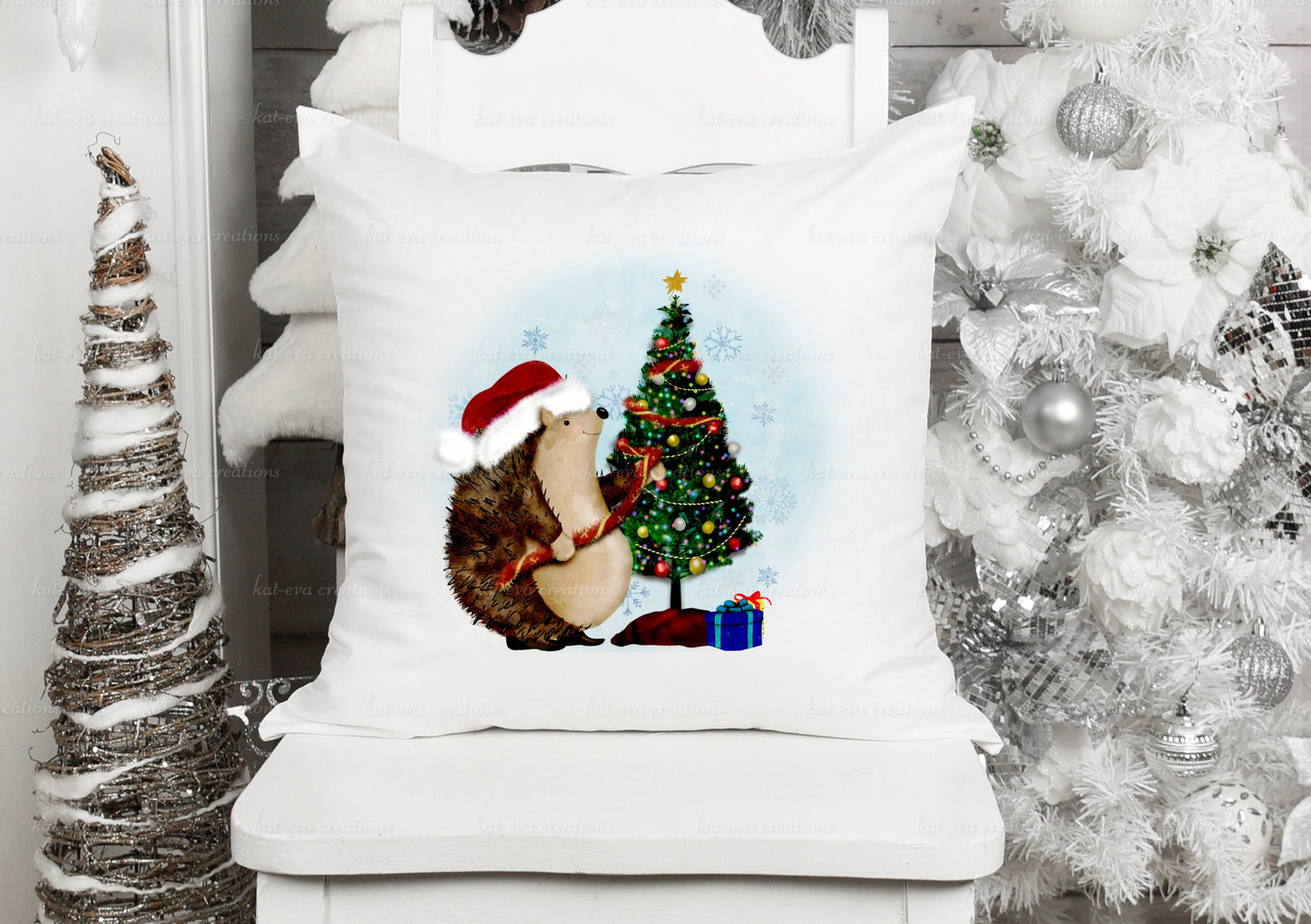 Christmas hedgehog cushion. Can be personalised. choice of with postbox or tree