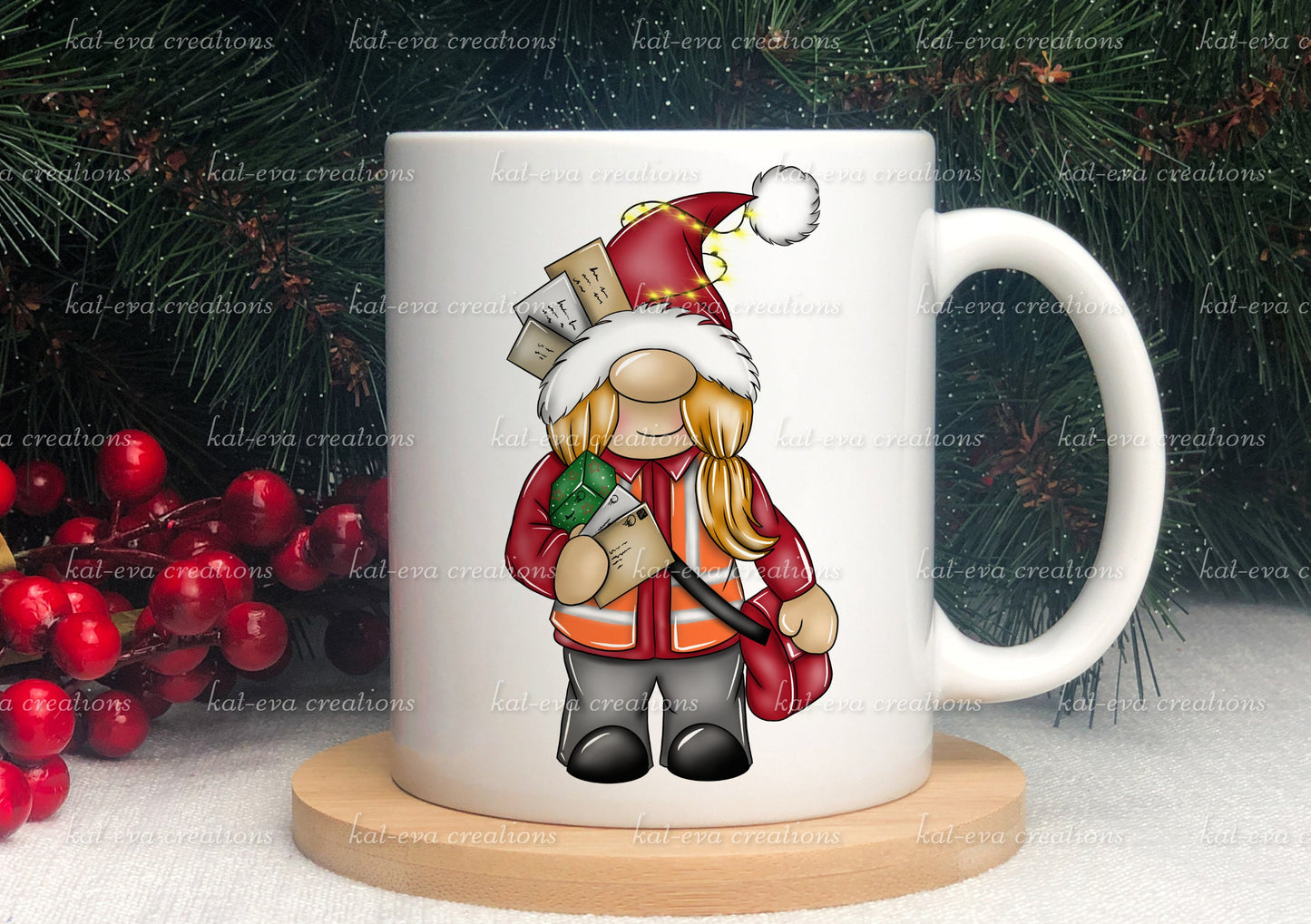 Christmas post lady mug. can be personalised. christmas gnome / gonk postman post lady