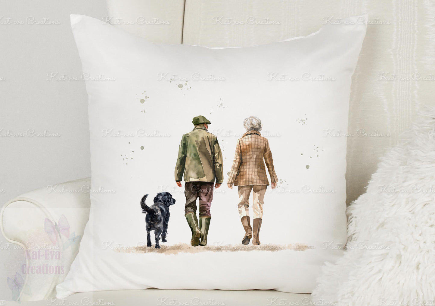 Dog and owner cushion. Country walk family pillow, personalised dog cushion. Lots of different dogs available