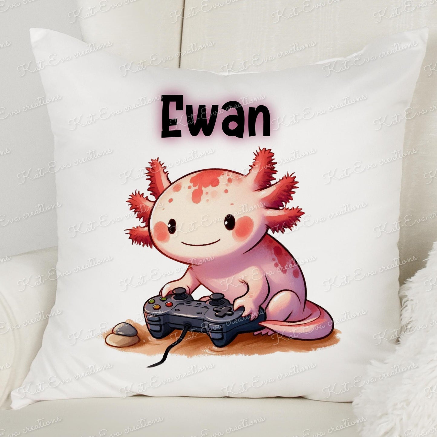 Gaming axolotl cushion. Personalised axolotl cushion. gamer axolotl. Birthday gift. Good luck present. Easter or fathers day gift
