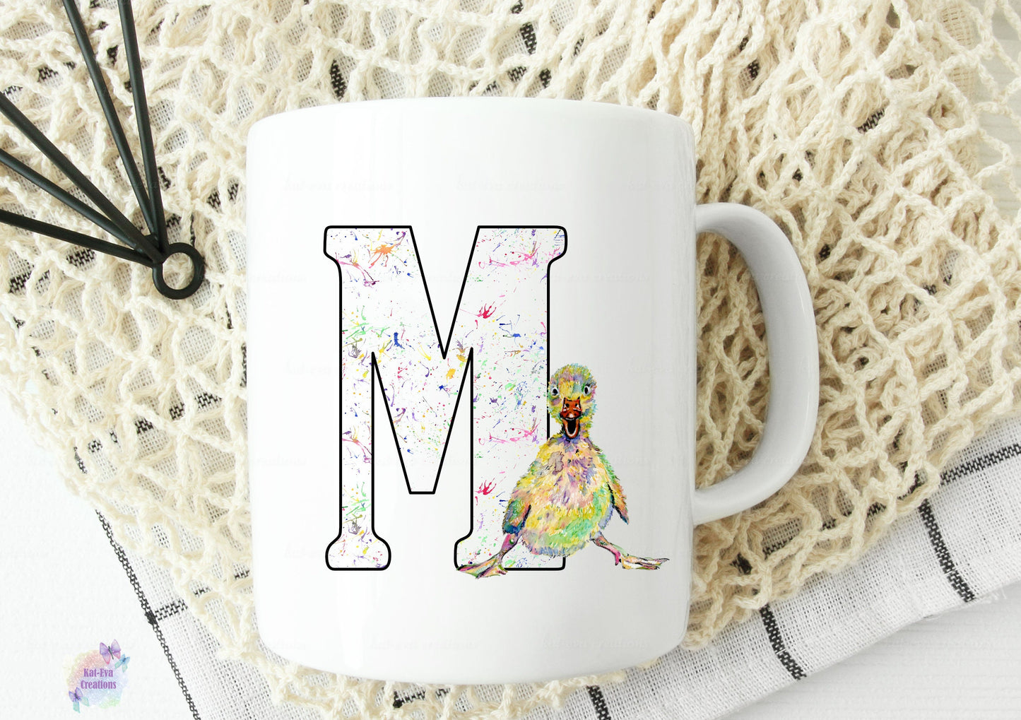Watercolour duck / duckling initial mug, can be personalised.
