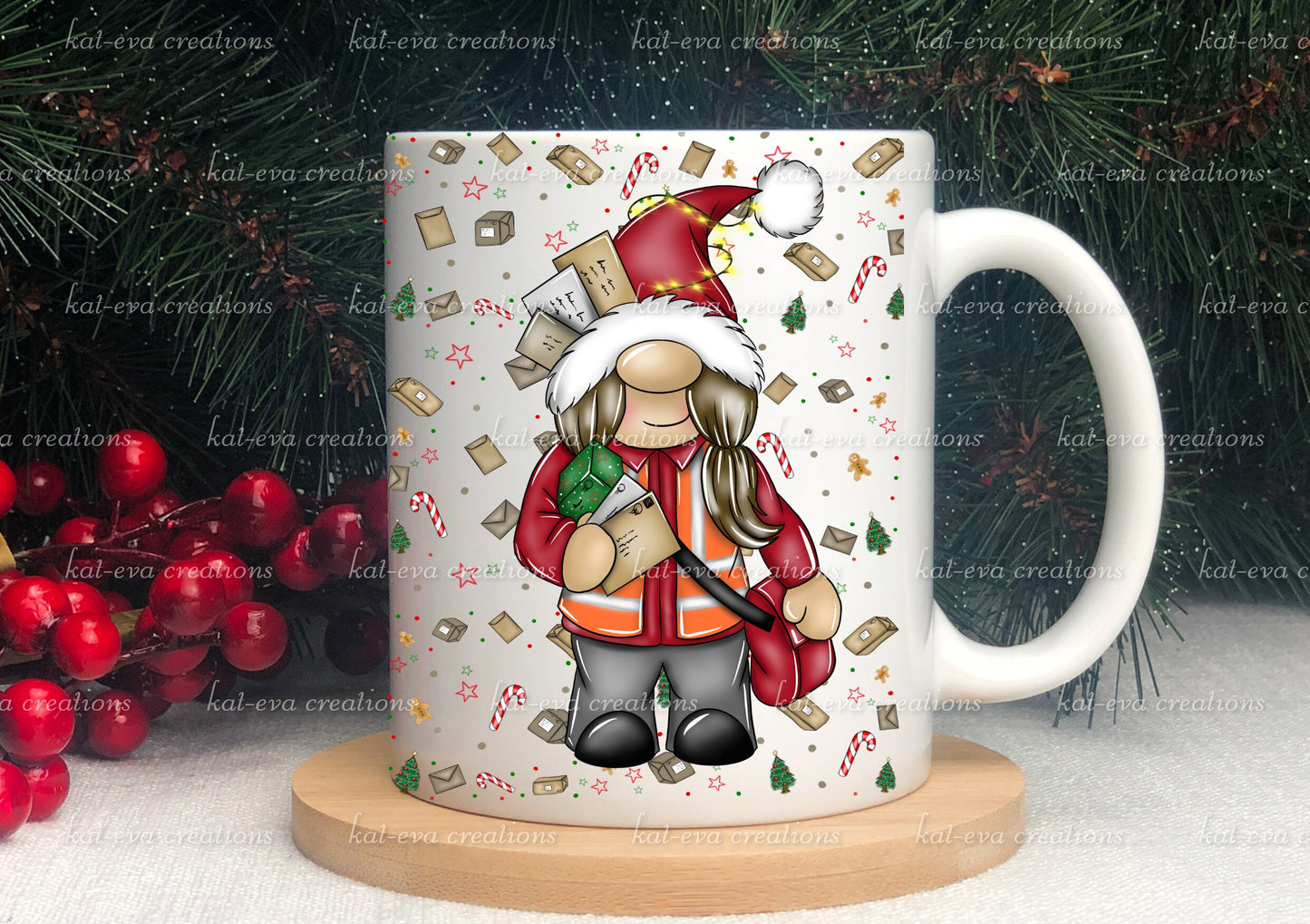 Christmas post lady mug. can be personalised. christmas gnome / gonk postman post lady