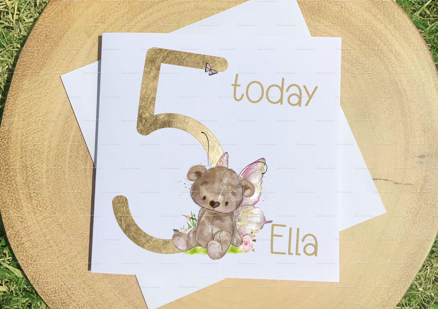 Personalised fairy birthday card. Bear fairy card and badge. number card and badge