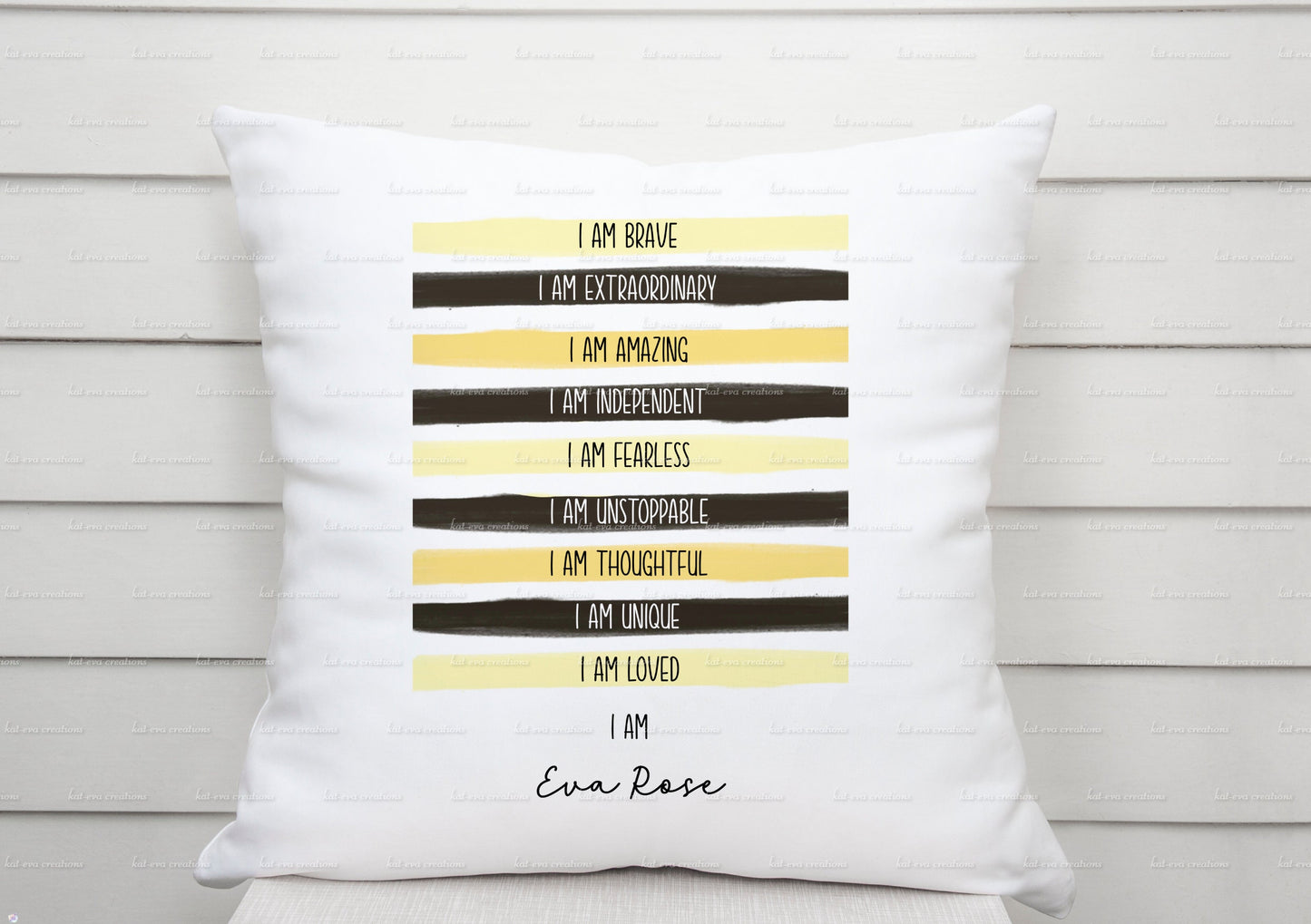 positive affirmation personalised cushion. positivity, brave, extraordinary, amazing, independent, fearless, thoughtful, unique, loved