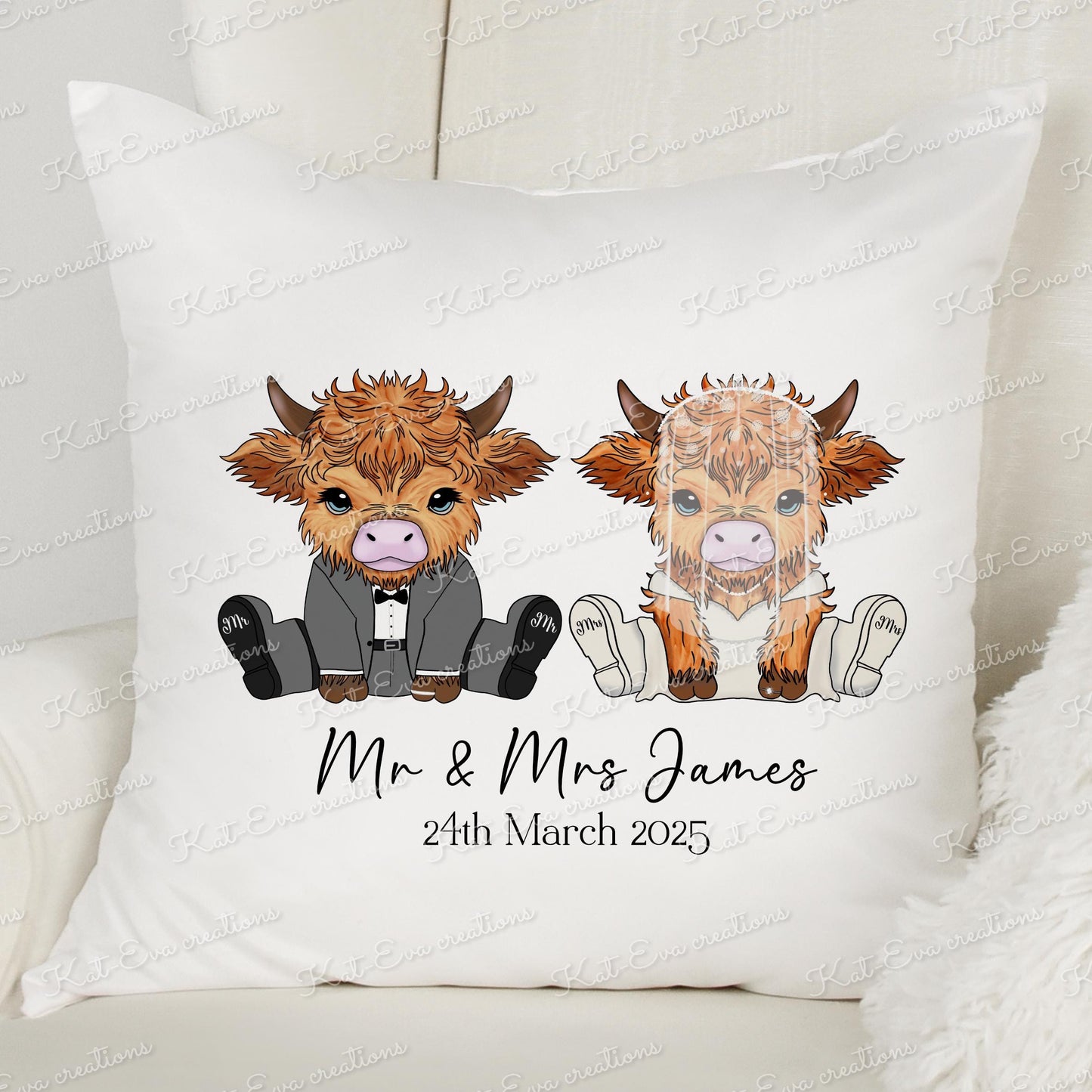 Highland cow Wedding cushion. Personalised cushion. Engagement, wedding or anniversary cushion Highland cow congratulations. highland coo