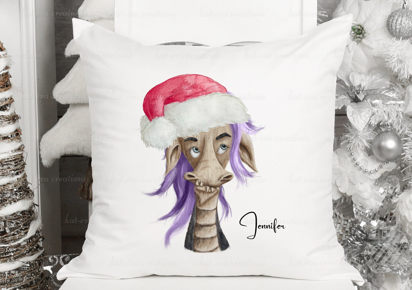 personalised dragon christmas cushion, available with different hair colours. ideal birthday or christmas gift