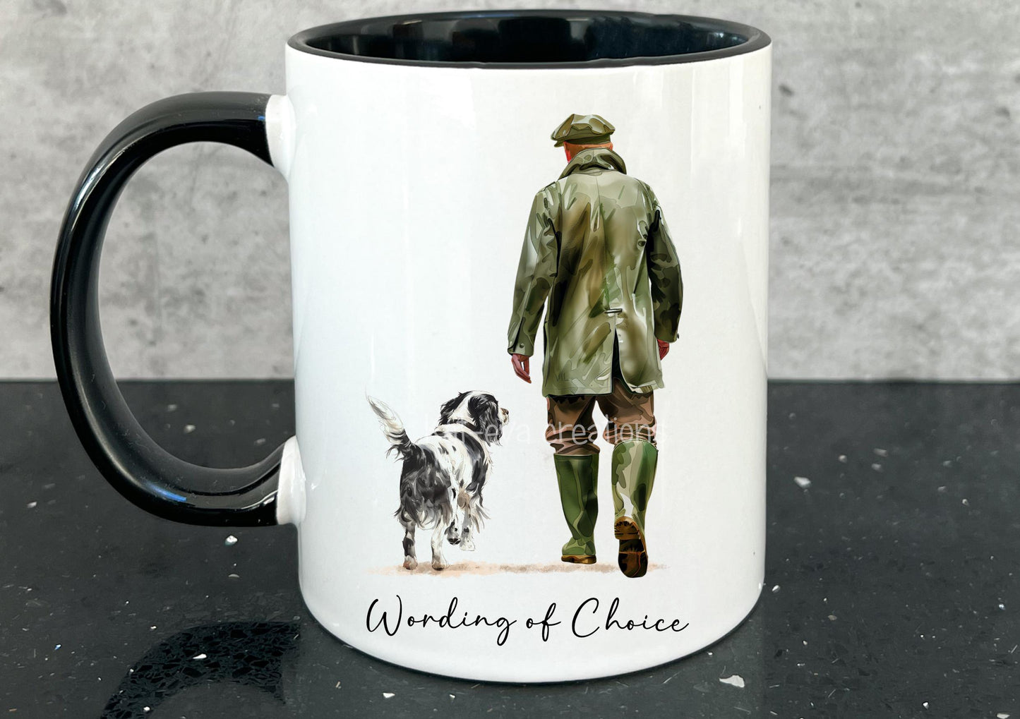 Dog and owner mug. personalised dog mug. Country walk family cup. Lots of different dogs available