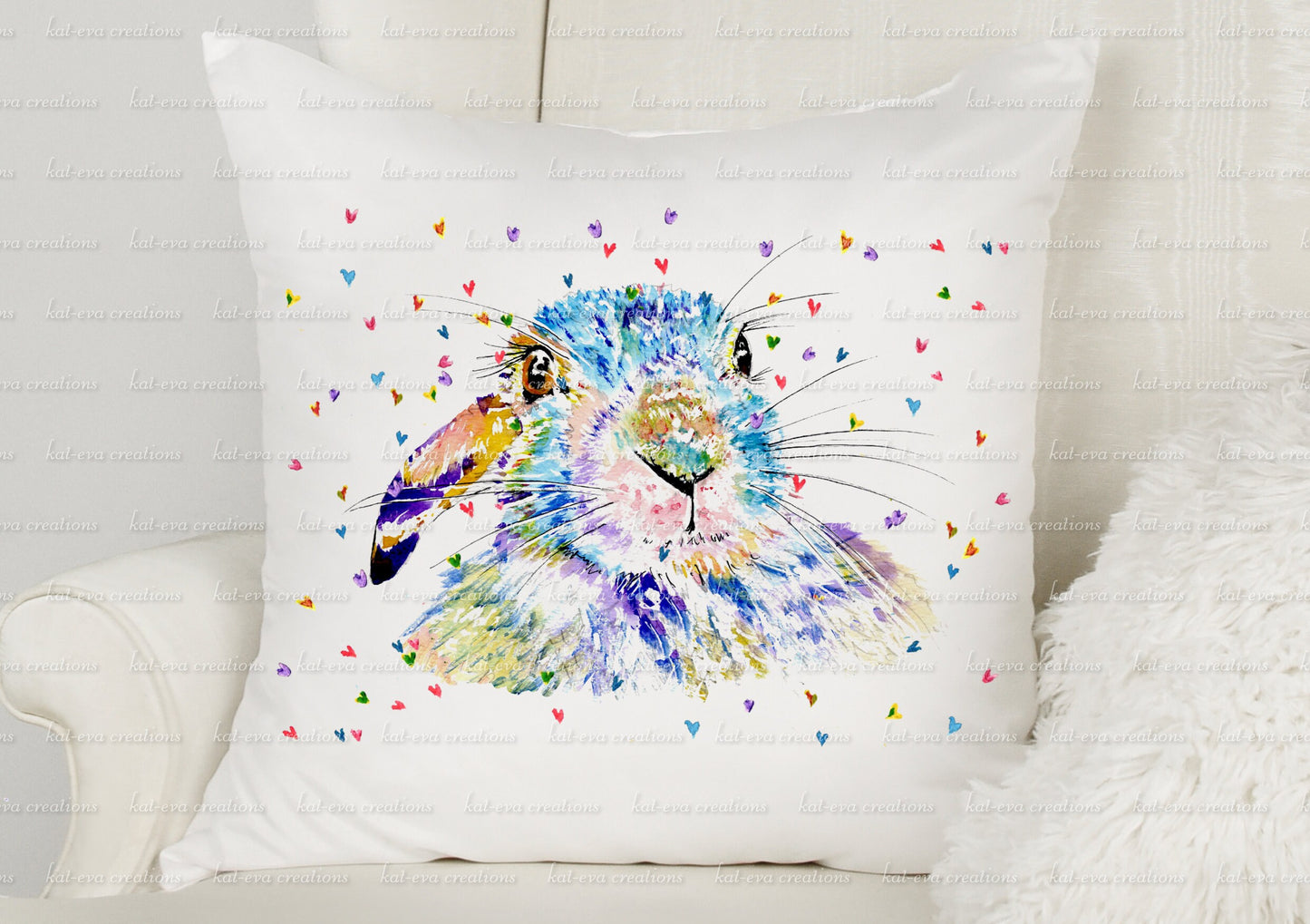 Beautiful rabbit cushion. personalised bunny pillow. watercolour hare/ bunny / rabbit cushion. ideal birthday or easter gift