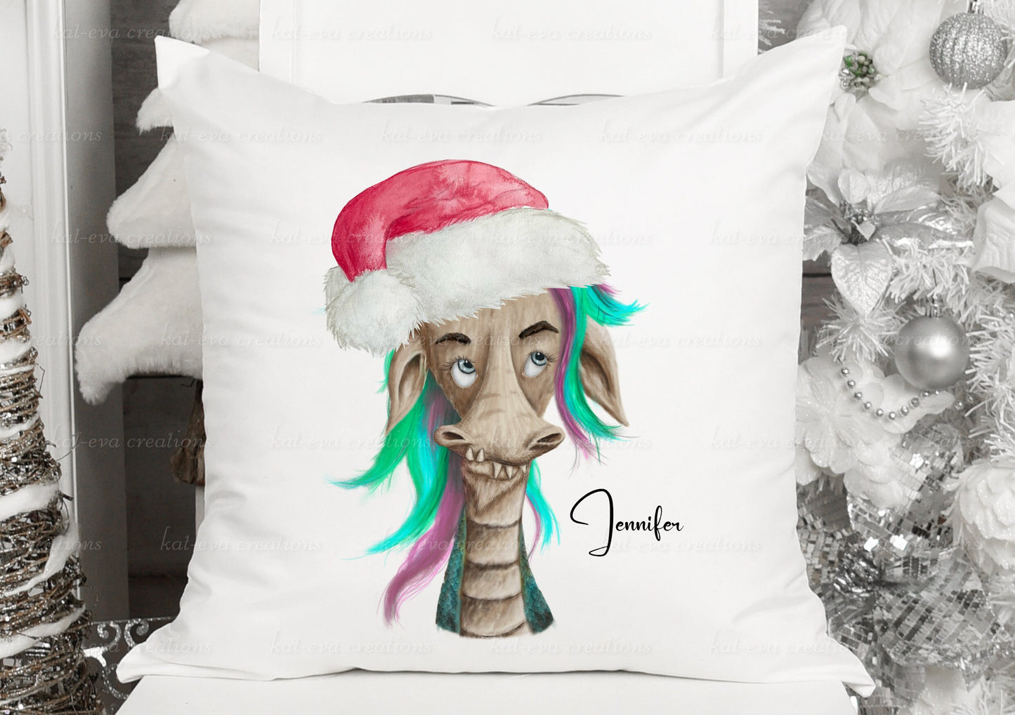 personalised dragon christmas cushion, available with different hair colours. ideal birthday or christmas gift
