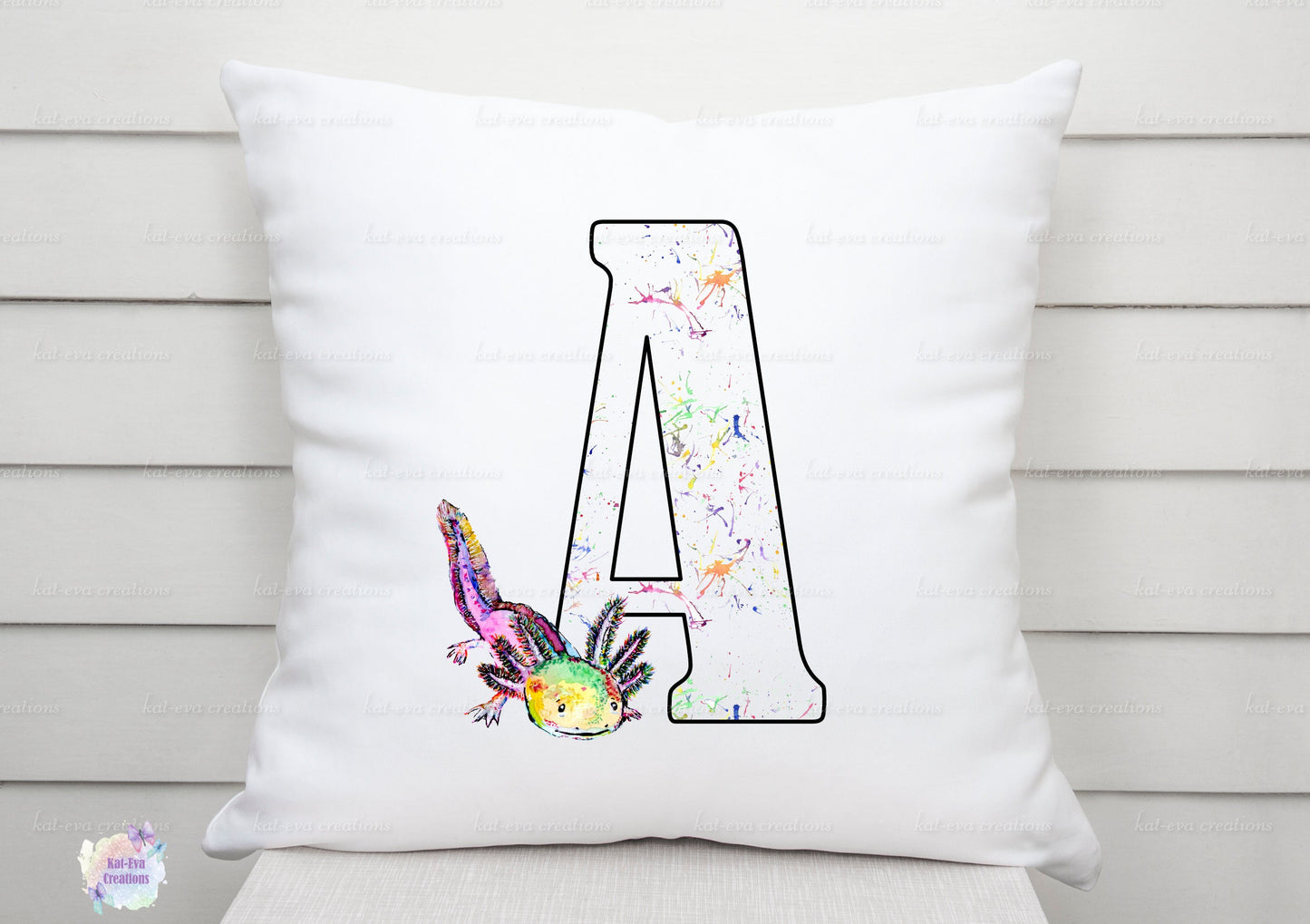 Watercolour axolotl initial cushion. can be personalised.