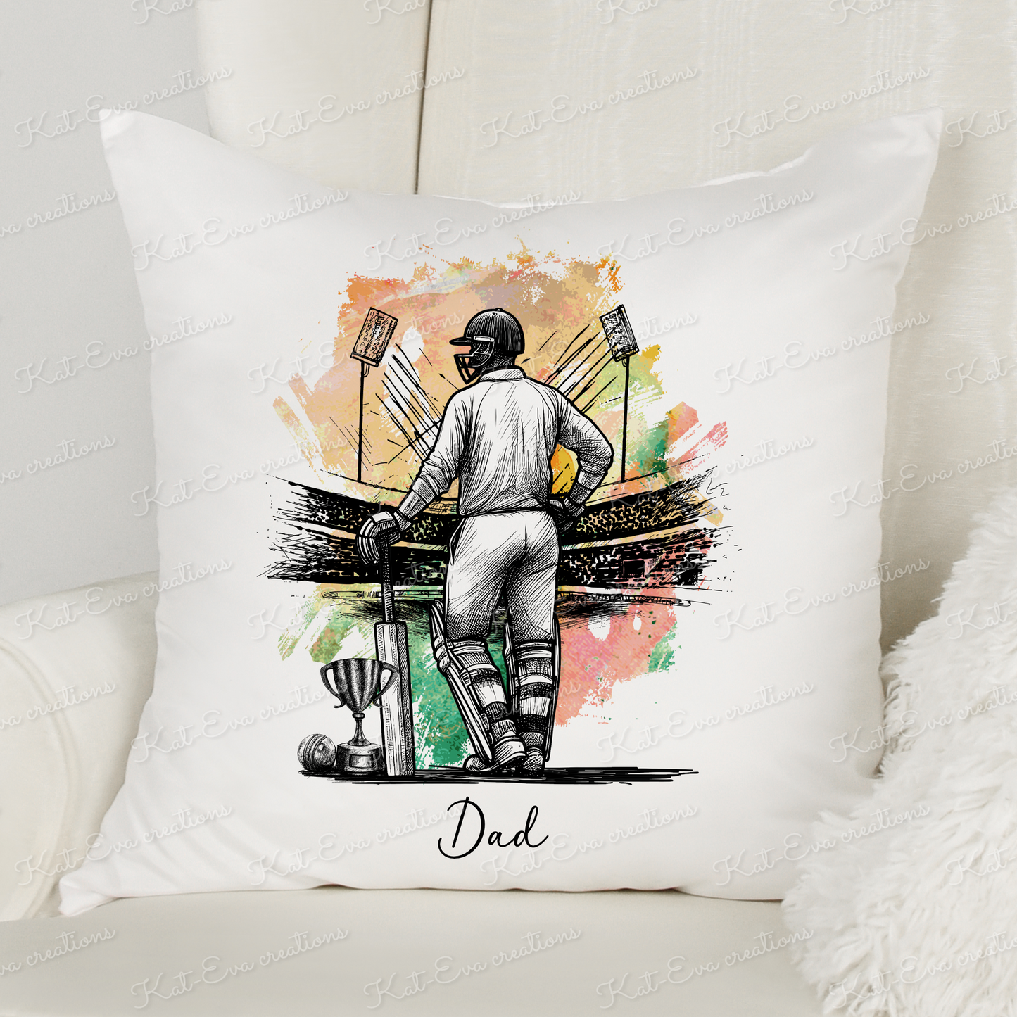 personalised cricket cushion. Ideal for birthdays, christmas, father's day or thank you gift