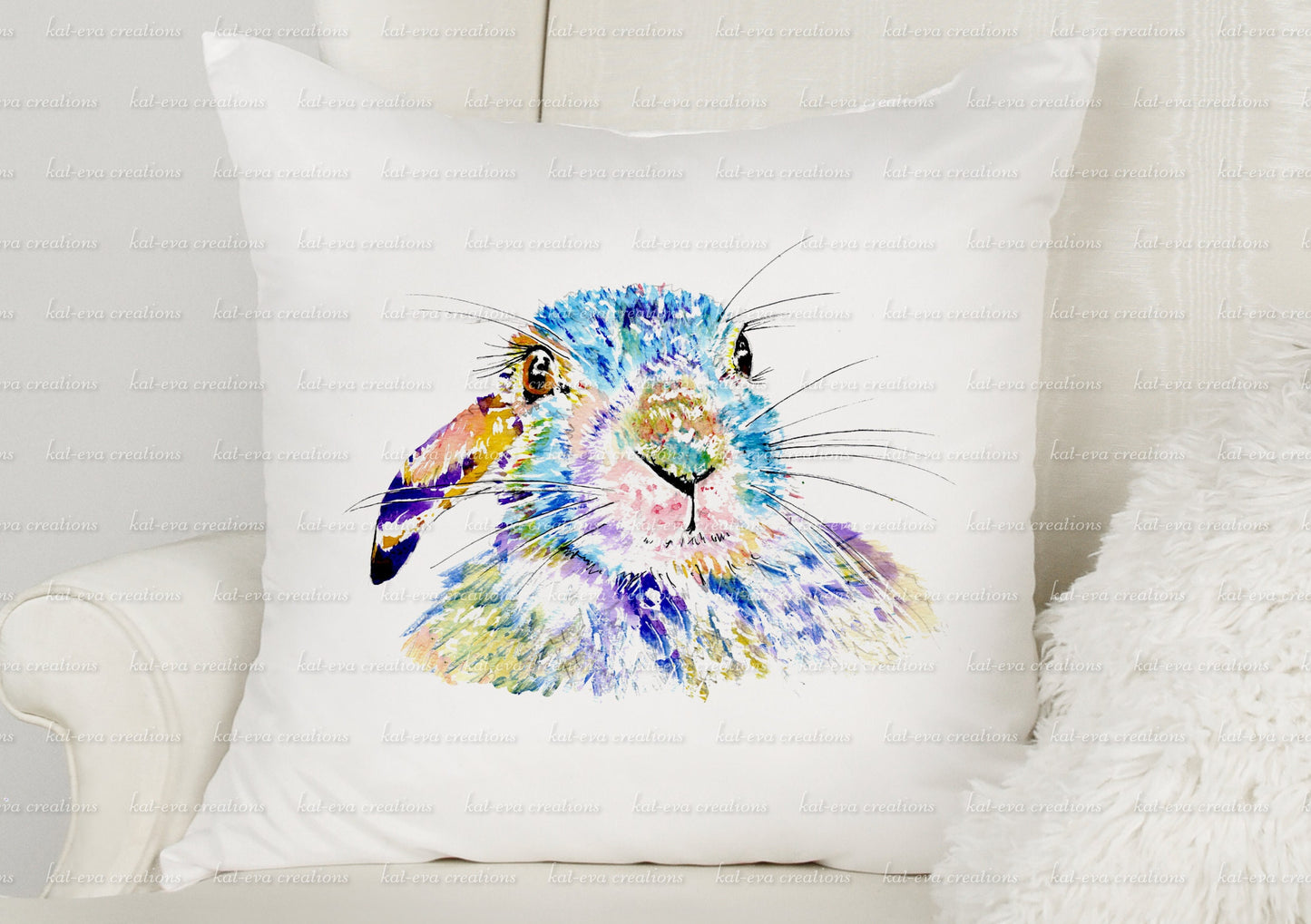 Beautiful rabbit cushion. personalised bunny pillow. watercolour hare/ bunny / rabbit cushion. ideal birthday or easter gift