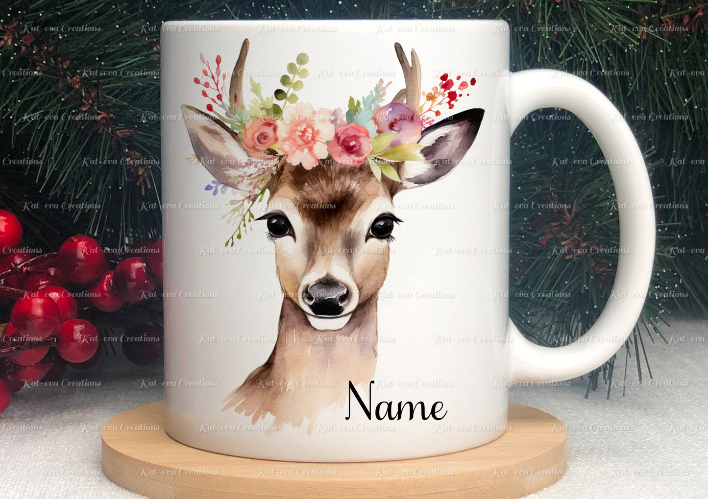 personalised Deer mug. Gorgeous Floral fawn Cup. Ideal for birthday, secret santa, stocking filler or Christmas present