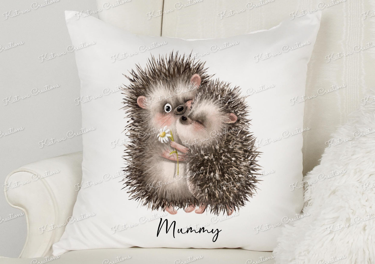 hedgehog mum and child cushion. personalised pillow. Christmas or birthday gift. secret santa present or new mum or mothers day present