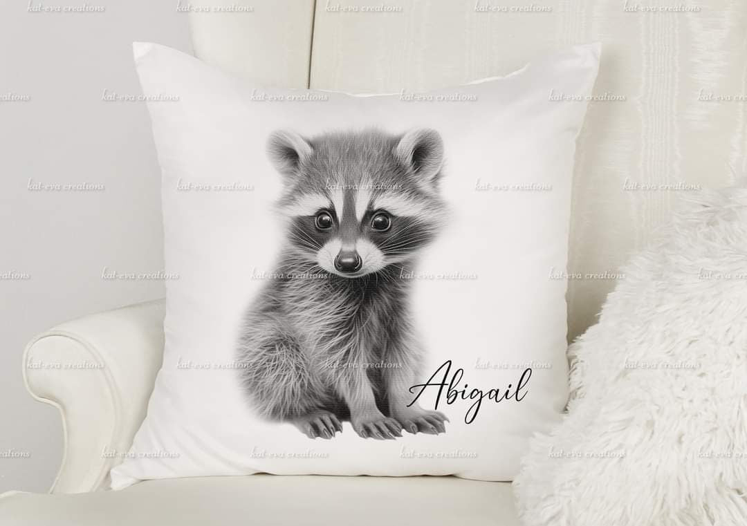 Racoon cushion. Personalised racoon pillow. Ideal Christmas or birthday gift. Secret santa present