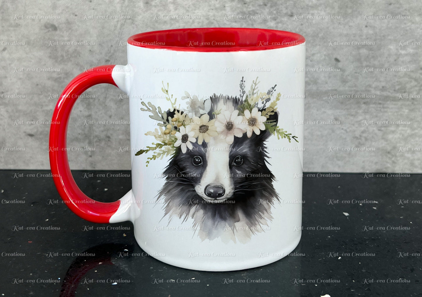 personalised skunk mug. Gorgeous Flower skunk Cup. Ideal for birthday, secret santa, stocking filler or Christmas present