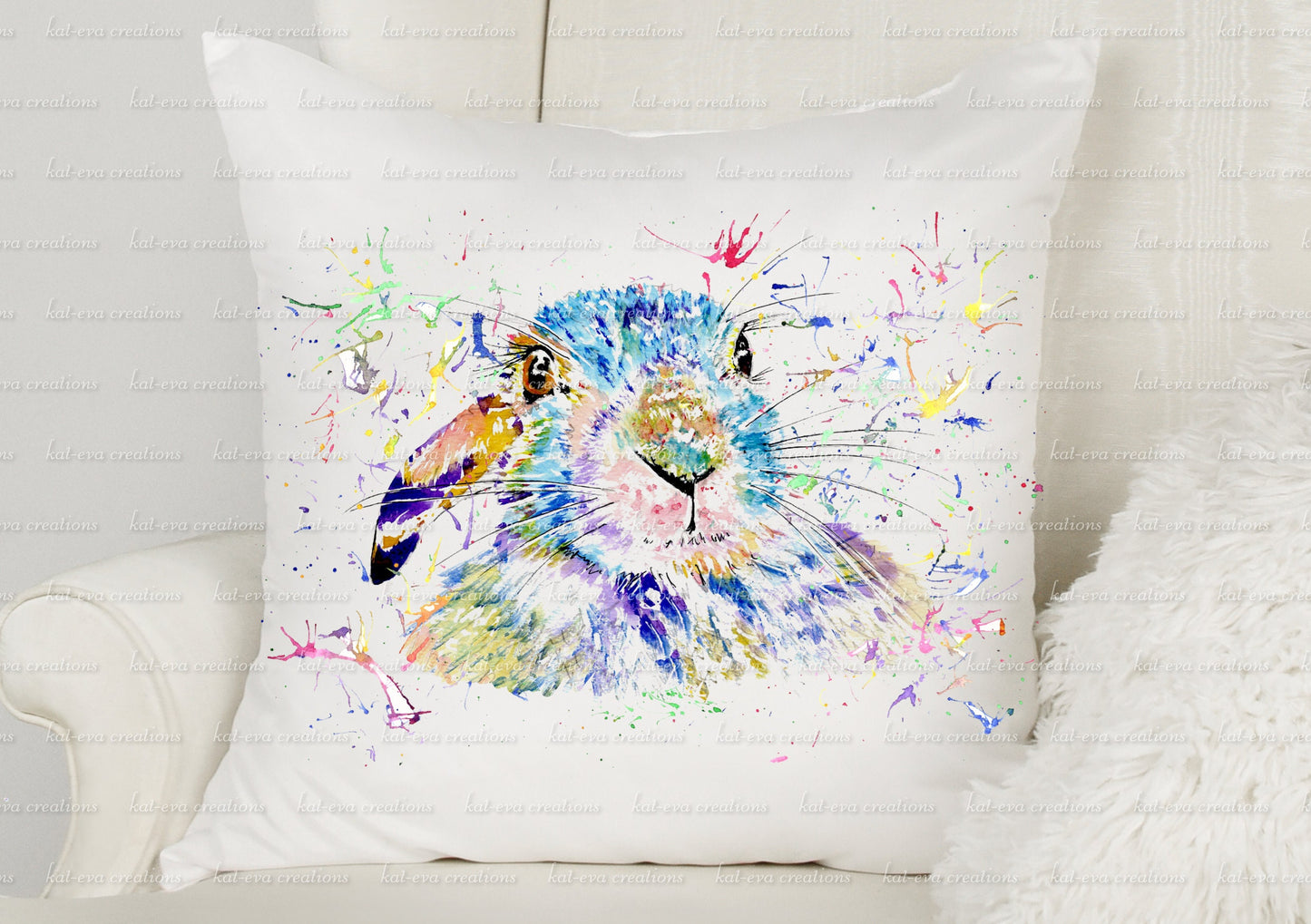Beautiful rabbit cushion. personalised bunny pillow. watercolour hare/ bunny / rabbit cushion. ideal birthday or easter gift