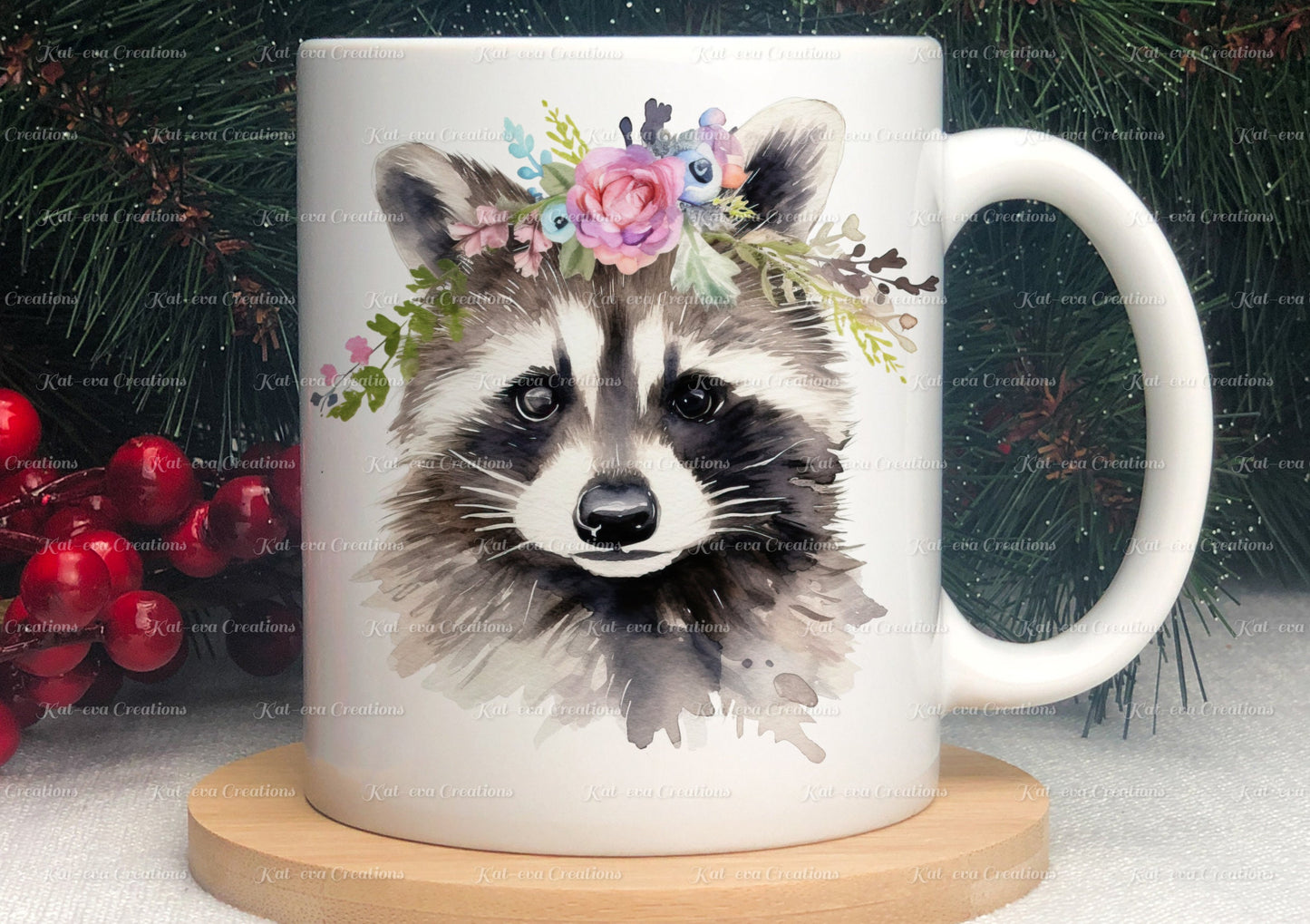 personalised racoon mug. Gorgeous Floral raccoon Cup. Ideal for birthday, secret santa, stocking filler or Christmas present