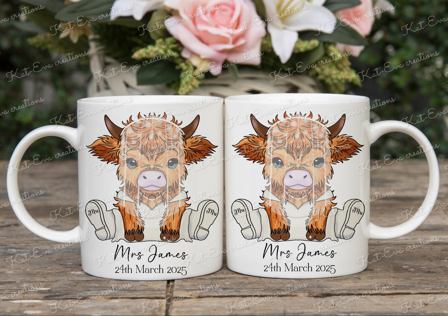 Highland cow Wedding mugs. Personalised mug. Engagement, wedding or anniversary cup Highland cow congratulations. highland coo