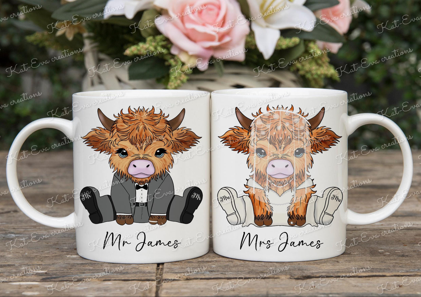Highland cow Wedding mugs. Personalised mug. Engagement, wedding or anniversary cup Highland cow congratulations. highland coo