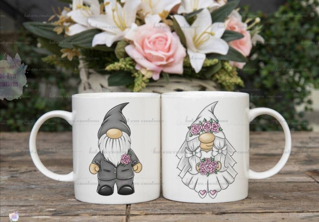 Personalised Bride and groom Mugs. personalised gnomes, gonks, bride and groom. Ideal wedding gift or engagement present