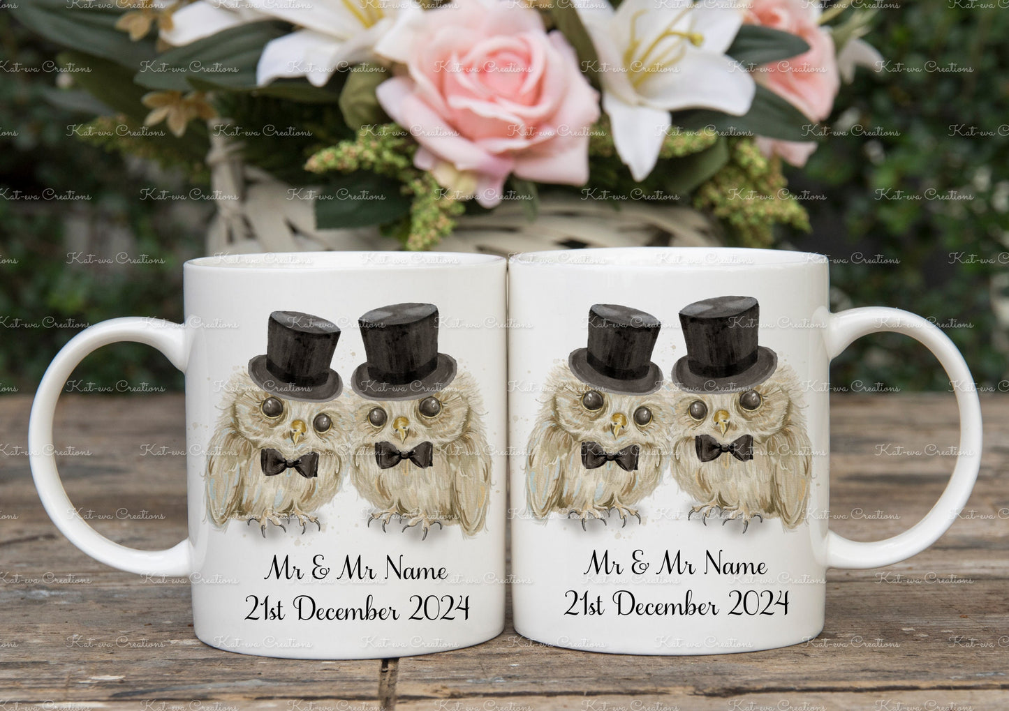 Wedding gift, Personalised Wedding mug set. Owl cups. Bride and Groom Owl present
