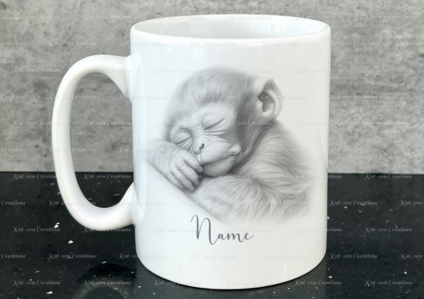 sleeping monkey mug. Personalised baby monkey / chimp cup. Ideal gift for Christmas. Birthday, secret santa or stocking filler