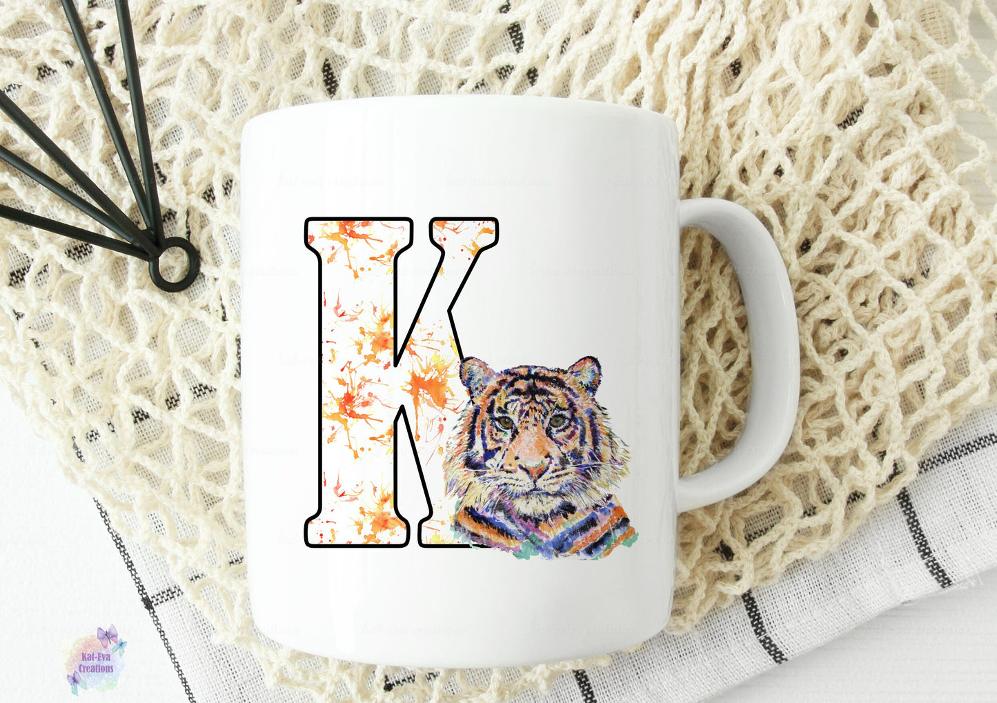 Watercolour tiger initial mug. can be personalised.
