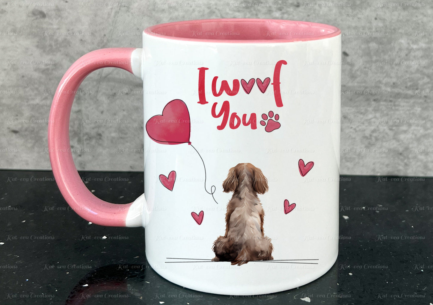 Dog mug. personalised I woof you dog cup or cup and coaster set. Lots of different dogs available