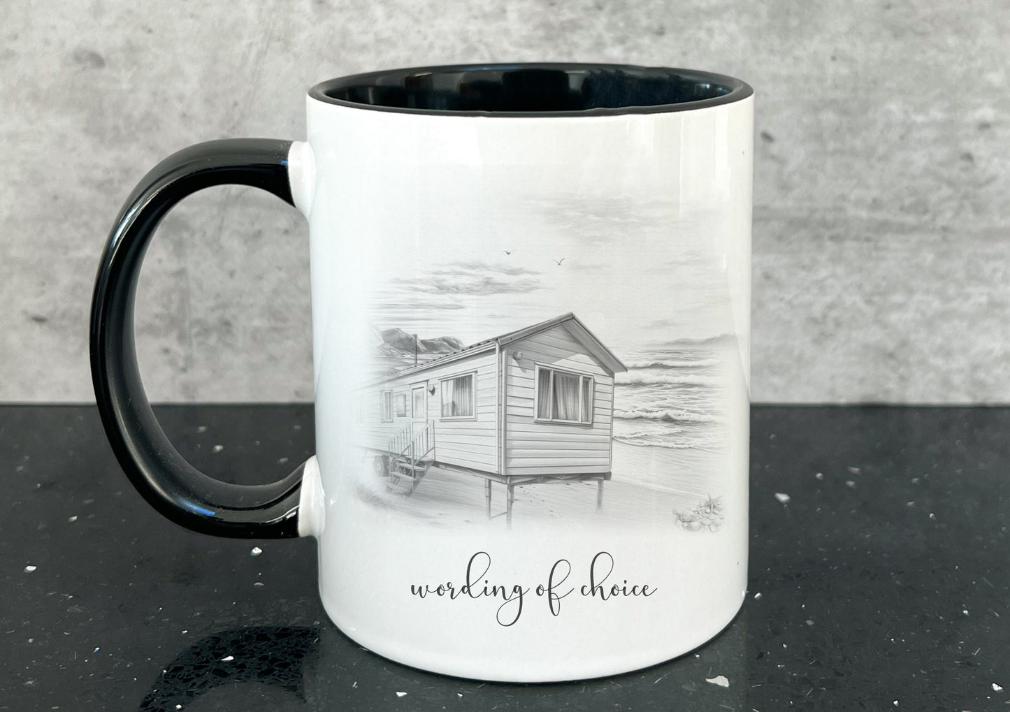 static caravan mug. personalised static caravan cup. Camping and caravanning gift. summer holiday present