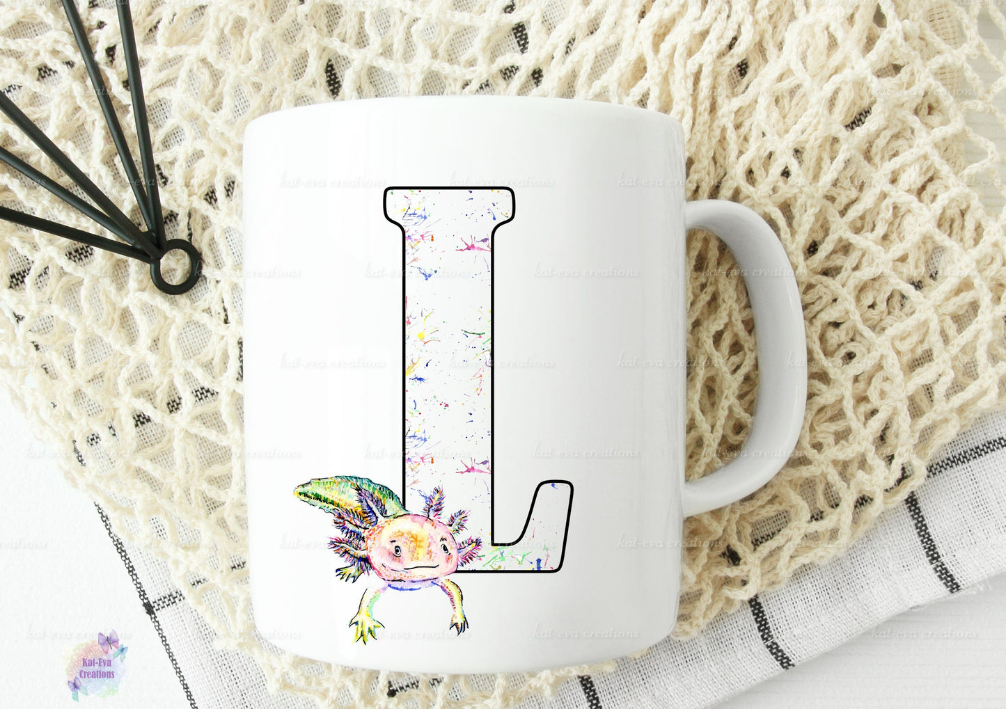 Watercolour axolotl initial mug, can be personalised.