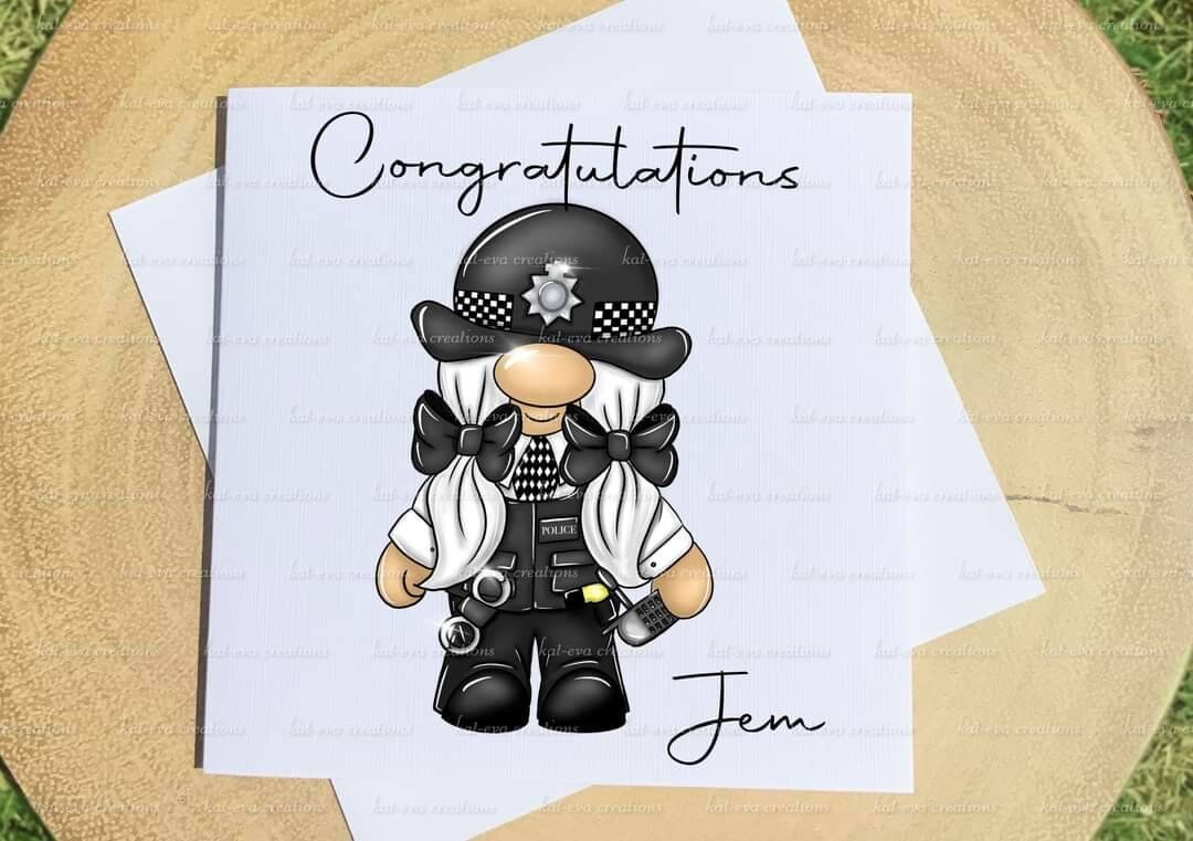 Passing out card, Personalised police card. Congratulations policeman,police woman passing out parade card. Gonk, gnome card