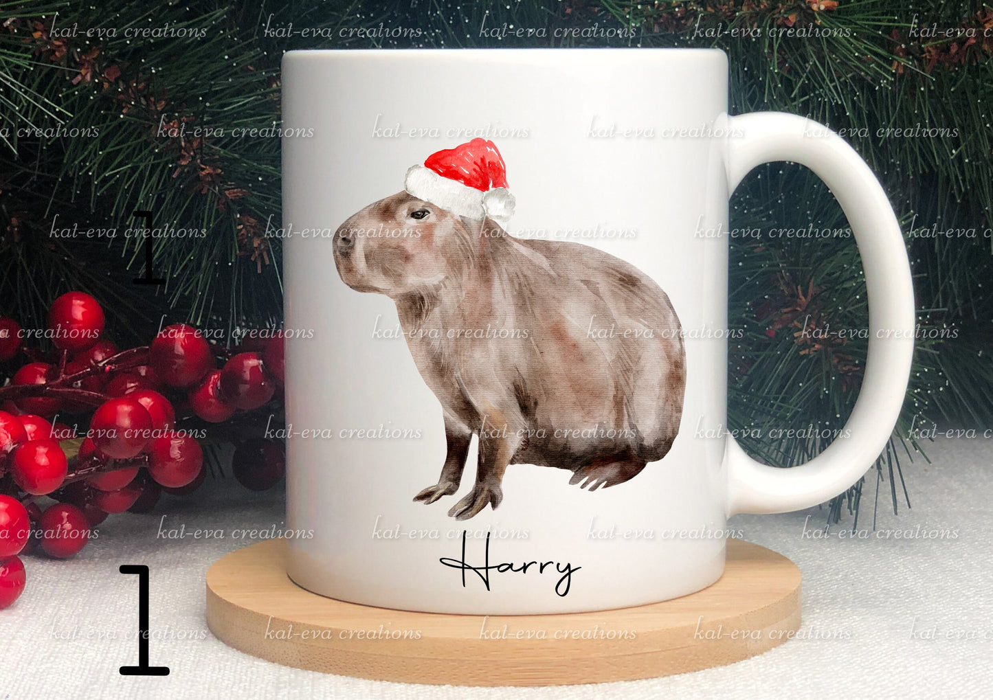 personalised Christmas capybara mug. Elf, Santa Claus, Father Christmas capybara