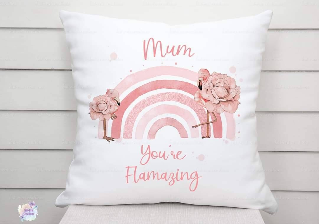 Gorgeous flamingo rainbow cushion. can be personalised. ideal for mothers day
