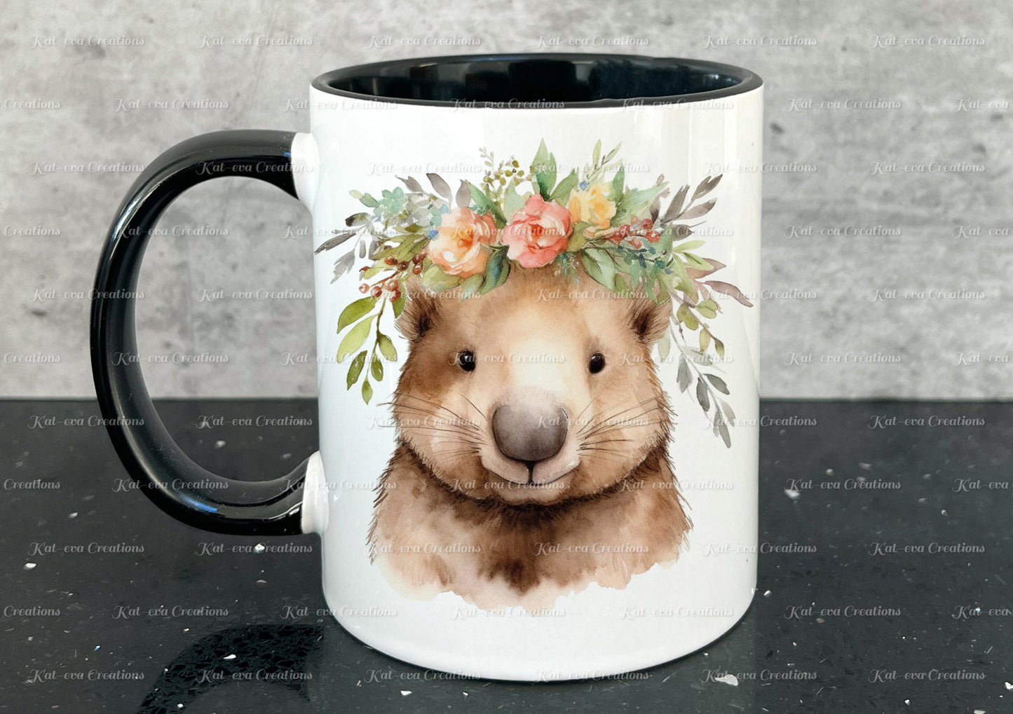 personalised wombat mug. Gorgeous Floral wombat Cup. Ideal for birthday, secret santa, stocking filler or Christmas present