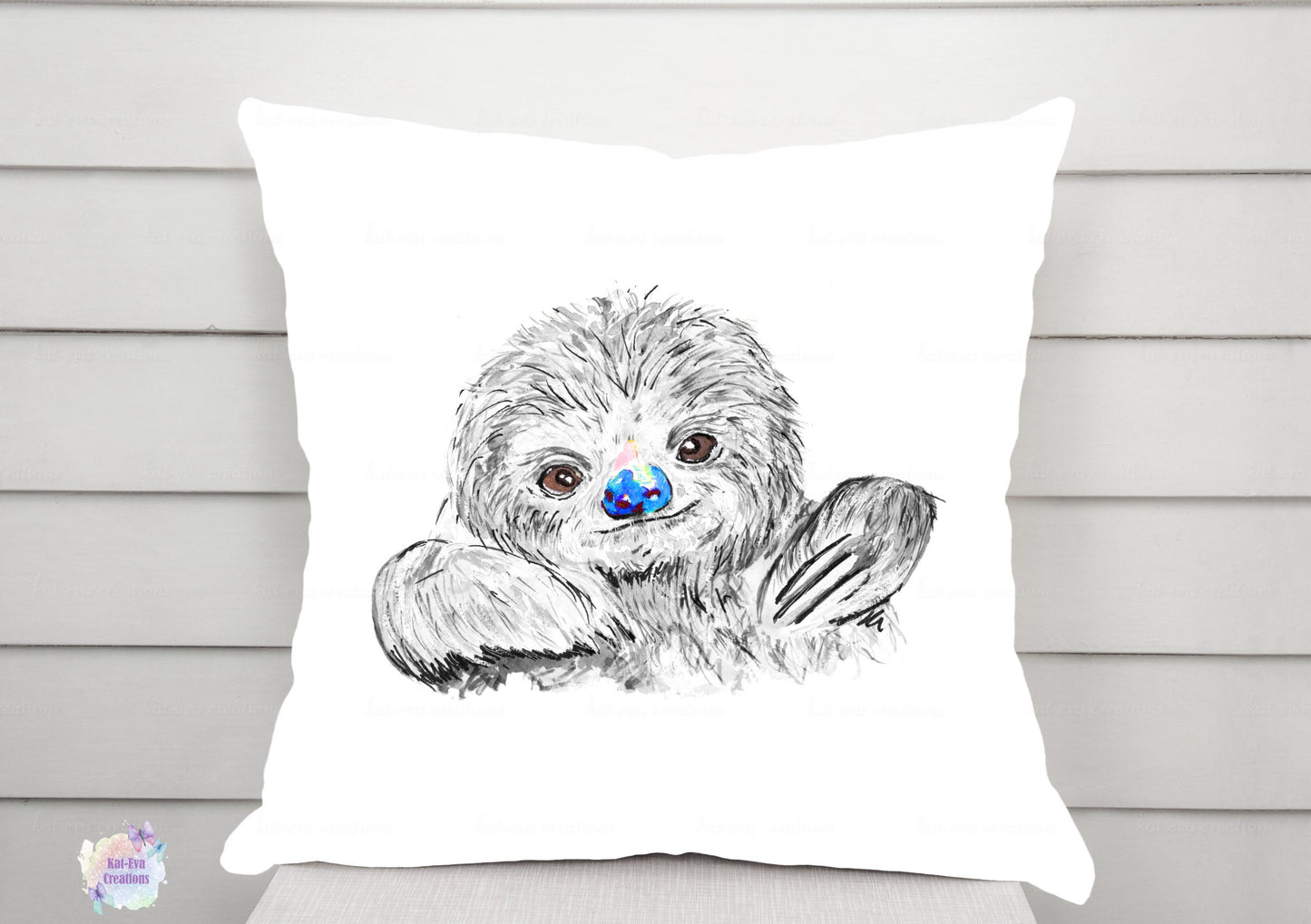 Sloth cushion. Personalised sloth cushion. Black and white with a hint of colour. Ideal birthday or Christmas present