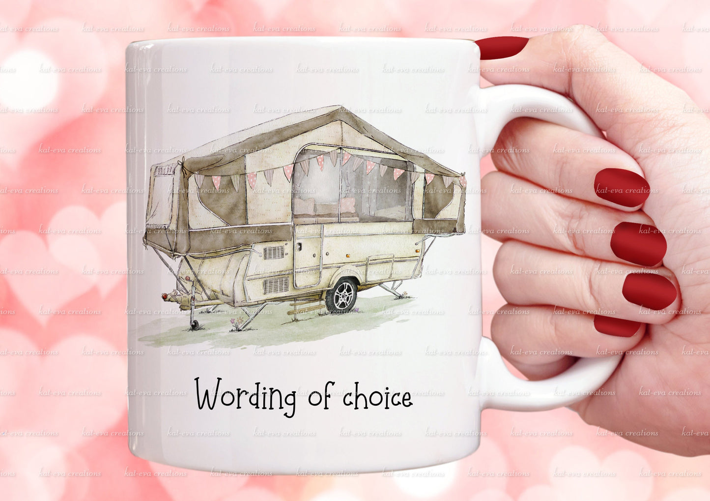 trailer tent mug. personalised vintage trailer tent cup. choice of colours