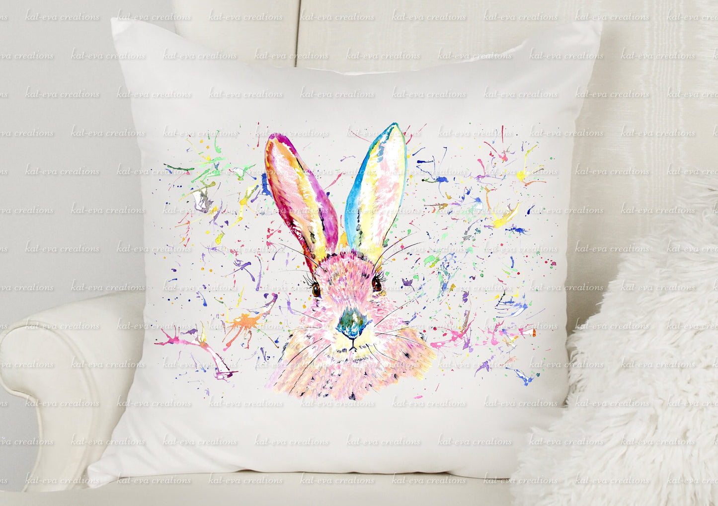 Beautiful rabbit cushion. personalised bunny pillow. watercolour hare/ bunny / rabbit cushion. ideal birthday or easter gift