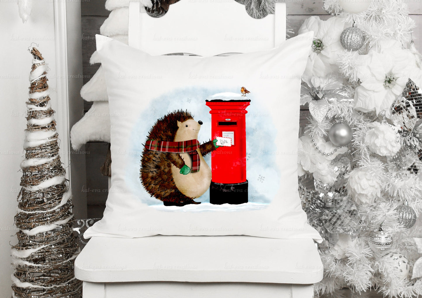 Christmas hedgehog cushion. Can be personalised. choice of with postbox or tree