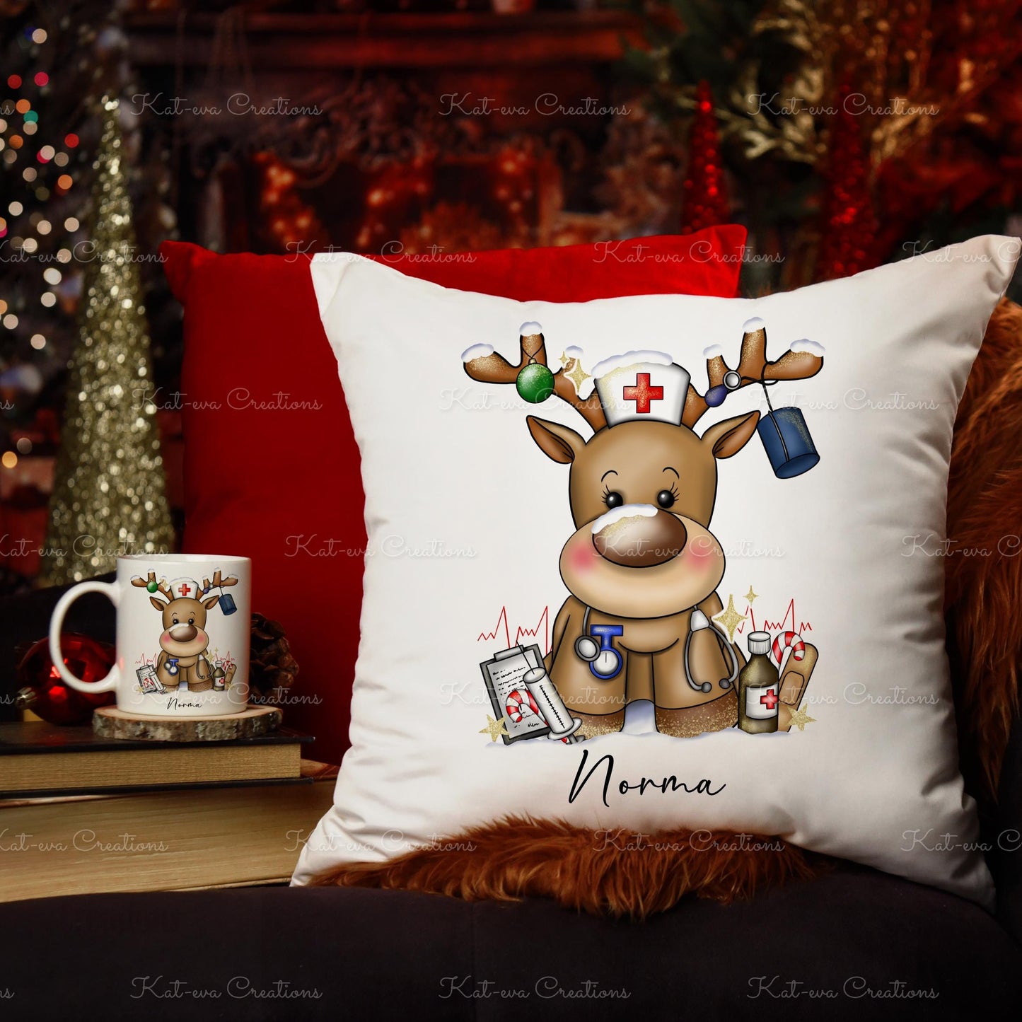 Nurse reindeer cushion. personalised nurse cushion. ideal christmas or secret santa gift or as a thank you present