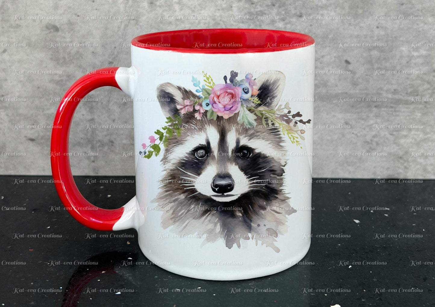 personalised racoon mug. Gorgeous Floral raccoon Cup. Ideal for birthday, secret santa, stocking filler or Christmas present