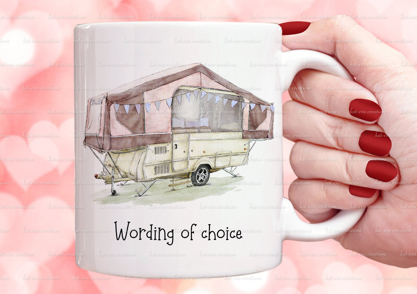 trailer tent mug. personalised vintage trailer tent cup. choice of colours