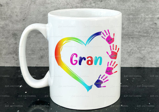 handprint heart mug, Personalised mug for Mum, gran, nana, grandma, mam. ideal christmas gift, birthday or mothers day present